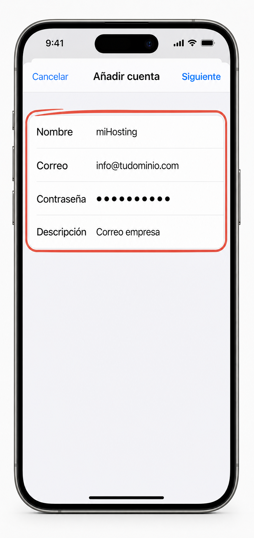 Formulario de iPhone con los datos de la cuenta de correo