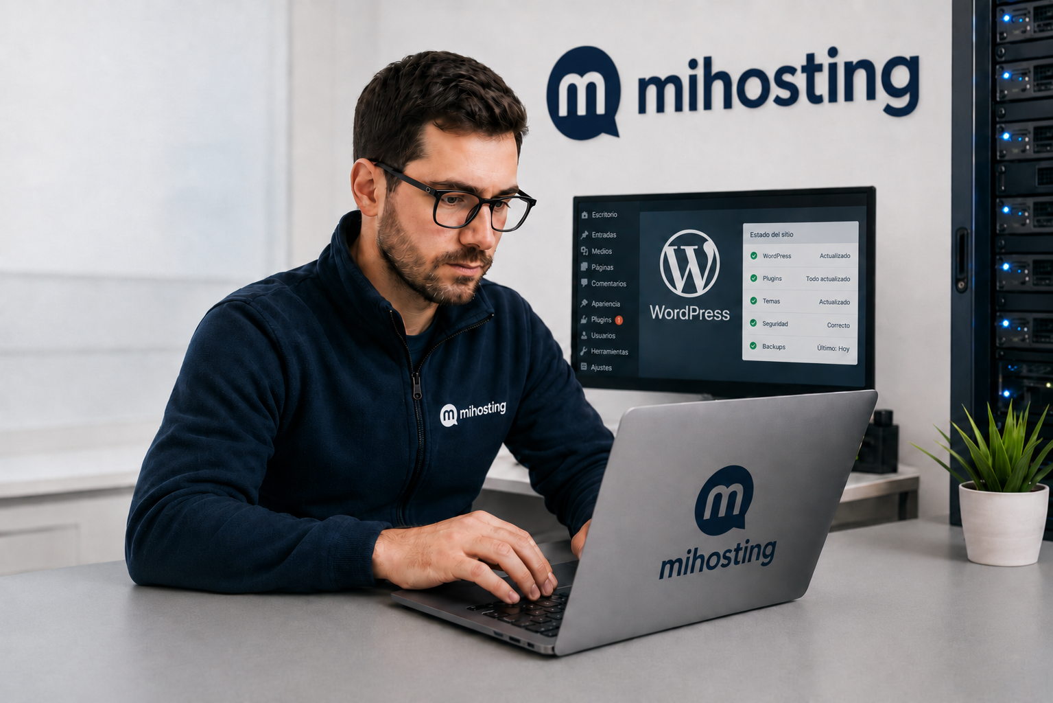Técnico de miHosting revisando el mantenimiento de un WordPress — actualizaciones, seguridad y backups al día