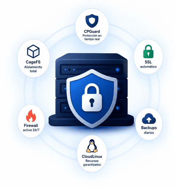 CPGuard, CageFS, SSL, Firewall, Backups y CloudLinux — seguridad de hosting miHosting