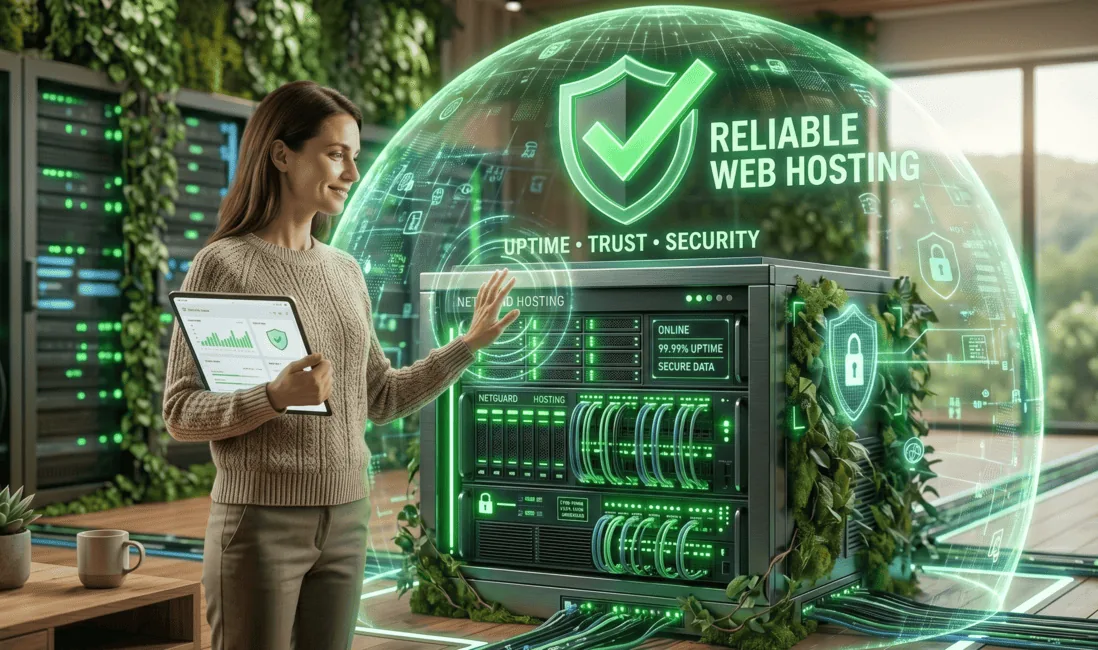 Mujer frente a un servidor con escudo de seguridad y texto Reliable Web Hosting