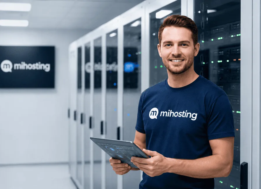 Imagen de miHosting con un técnico en una sala de servidores