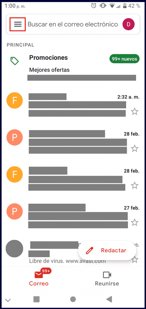 Menu de Gmail en dispositivo android